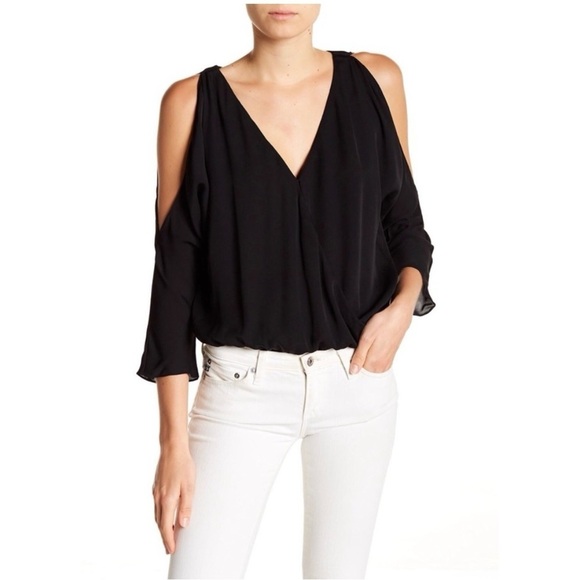NWT Joie Ahsaki V-Neck Cold-Shoulder Draped Bodysuit Black Caviar Large - Picture 1 of 10
